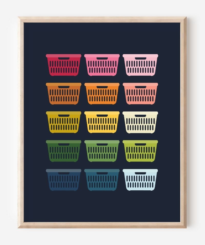Framed art print of colorful laundry baskets in a modern grid on a navy background, perfect for laundry room decor.