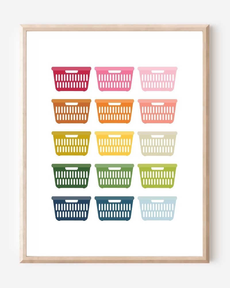 Framed art print of colorful laundry baskets in a modern grid on a white background, perfect for laundry rooms.
