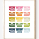 Framed art print of colorful laundry baskets in a modern grid on a white background, perfect for laundry rooms.