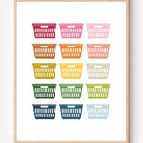 Framed art print of colorful laundry baskets in a modern grid on a white background, perfect for laundry rooms.