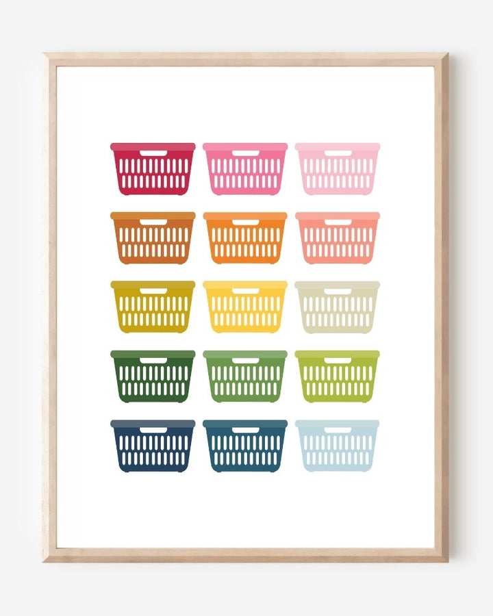 Framed art print of colorful laundry baskets in a modern grid on a white background, perfect for laundry rooms.