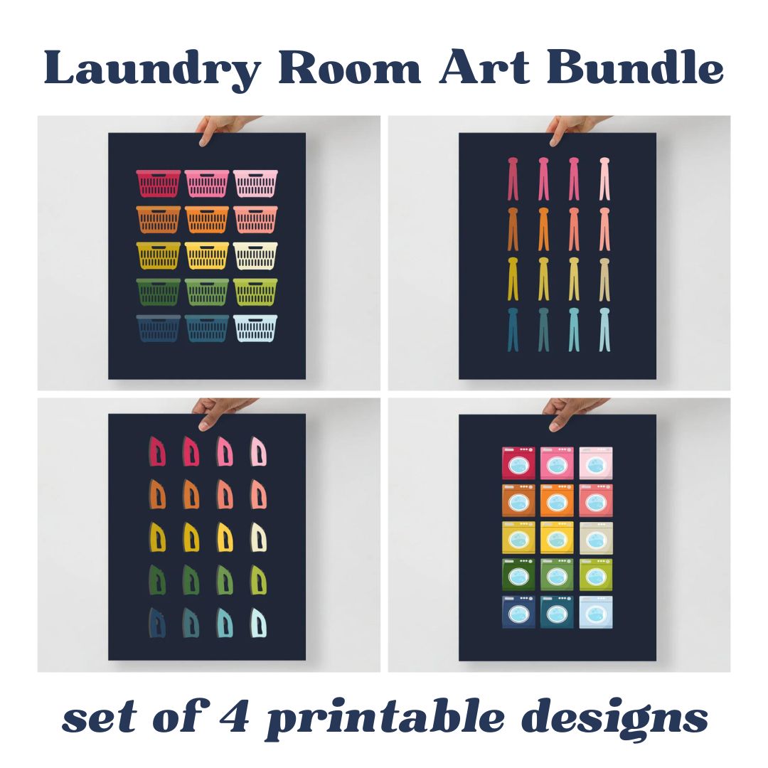 Colorful Laundry Room Art Printable Bundle | 4 Designs |  Navy Background