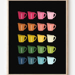 Minimalist, graphic art print showing a grid of colorful measuring cups in rainbow hues that transition warm to cool tones on a black background.