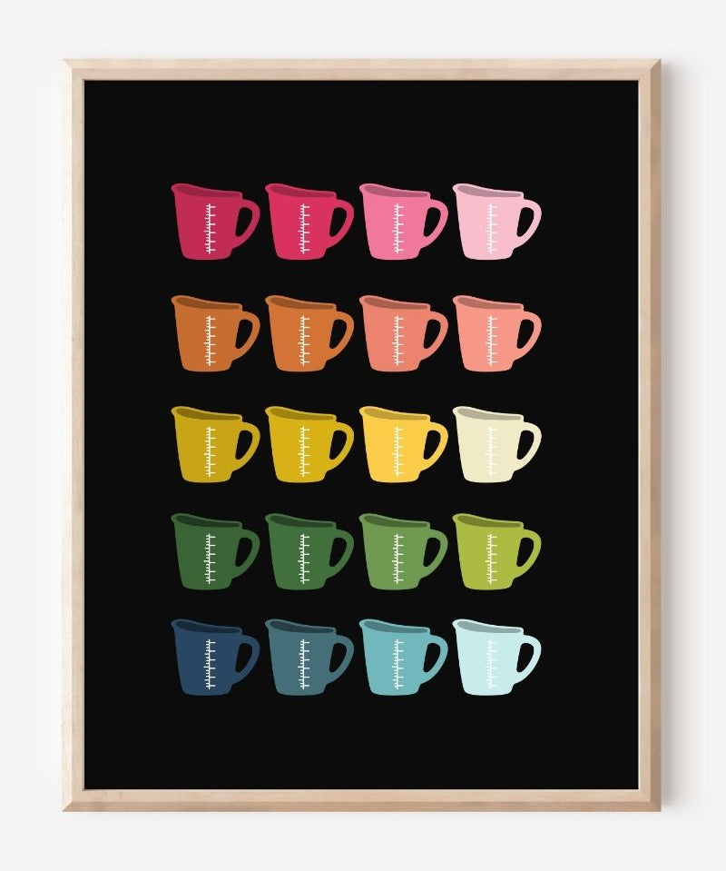 Minimalist, graphic art print showing a grid of colorful measuring cups in rainbow hues that transition warm to cool tones on a black background.