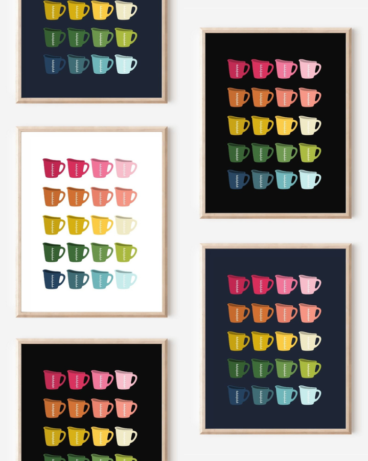 Framed art prints featuring minimalist illustrations of Measuring Cups in rainbow hues on black, navy blue and white backgrounds.