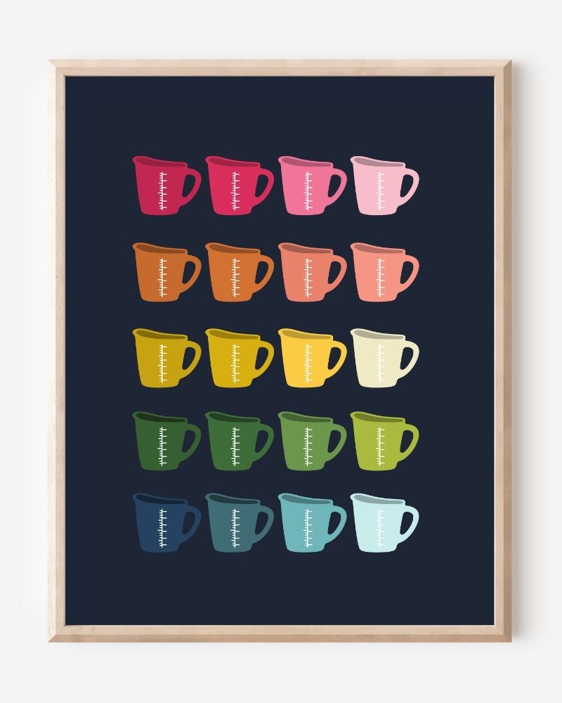 Minimalist, graphic art print showing a grid of colorful measuring cups in rainbow hues that transition warm to cool tones on a navy background.