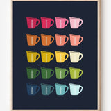 Minimalist, graphic art print showing a grid of colorful measuring cups in rainbow hues that transition warm to cool tones on a navy background.