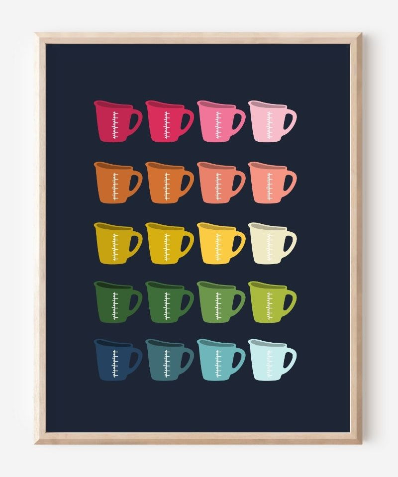 Minimalist, graphic art print showing a grid of colorful measuring cups in rainbow hues that transition warm to cool tones on a navy background.