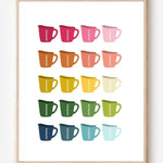 Minimalist, graphic art print showing a grid of colorful measuring cups in rainbow hues that transition warm to cool tones on a white background.