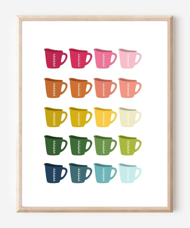 Minimalist, graphic art print showing a grid of colorful measuring cups in rainbow hues that transition warm to cool tones on a white background.