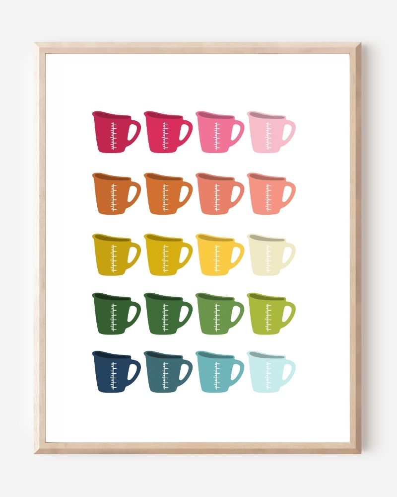 Minimalist, graphic art print showing a grid of colorful measuring cups in rainbow hues that transition warm to cool tones on a white background.