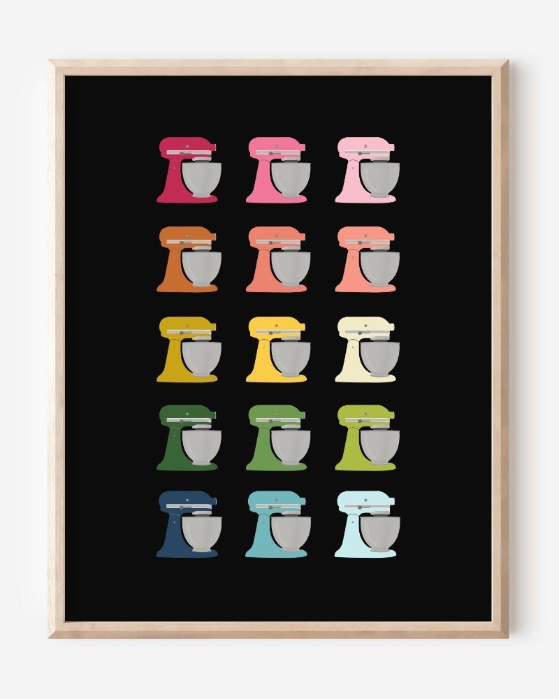 Graphic kitchen art print of colorful stand mixers in rainbow hues on black background.