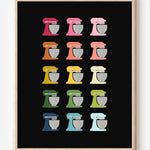 Graphic kitchen art print of colorful stand mixers in rainbow hues on black background.