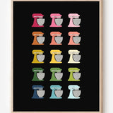 Graphic kitchen art print of colorful stand mixers in rainbow hues on black background.