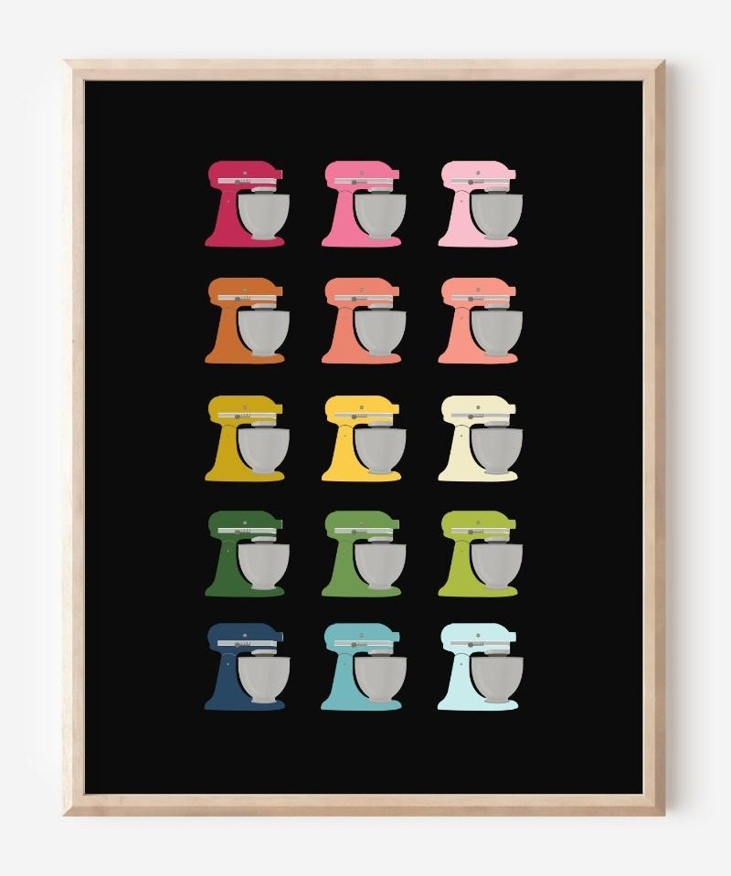 Graphic kitchen art print of colorful stand mixers in rainbow hues on black background.