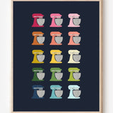 Graphic kitchen art print of colorful stand mixers in rainbow hues on navy background.