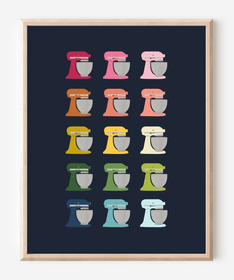 Graphic kitchen art print of colorful stand mixers in rainbow hues on navy background.