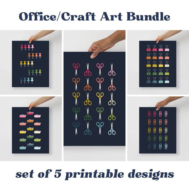 collage image of 5 colorful office craft room art prints featuring objects like scissors and paper clips in ombre rainbow hues