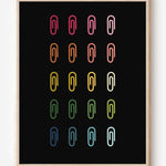Minimalist modern wall art print featuring colorful paper clips in rainbow colors arranged neatly in a grid on a black background.