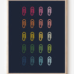 Minimalist modern wall art print featuring colorful paper clips in rainbow colors arranged neatly in a grid on a navy background.