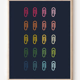 Minimalist modern wall art print featuring colorful paper clips in rainbow colors arranged neatly in a grid on a navy background.