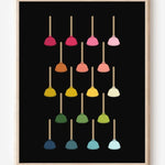 Modern bathroom art print showing colorful toilet plungers in rainbow hues arranged in a neat grid on a black background.