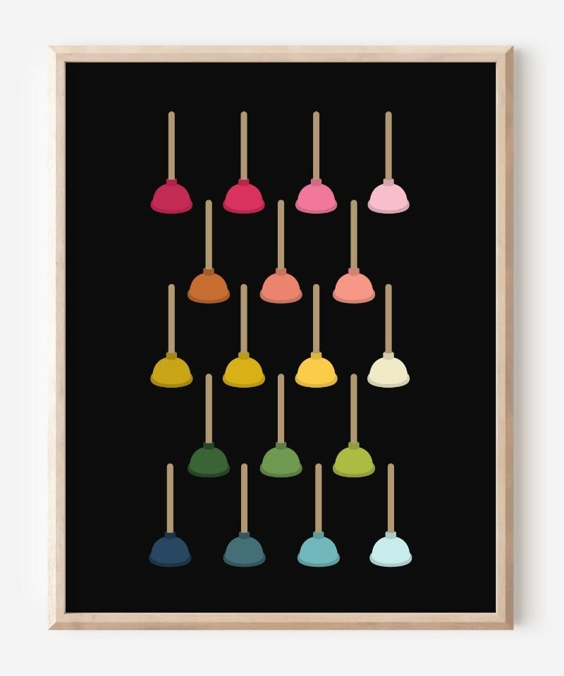 Modern bathroom art print showing colorful toilet plungers in rainbow hues arranged in a neat grid on a black background.