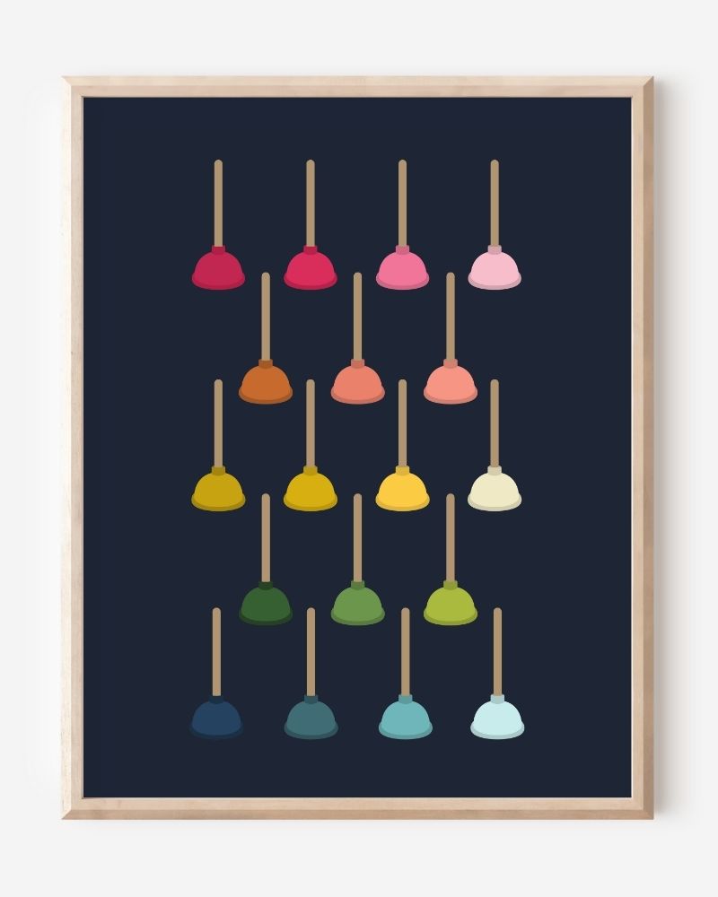 Modern bathroom art print showing colorful toilet plungers in rainbow hues arranged in a neat grid on a navy background.