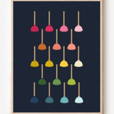 Modern bathroom art print showing colorful toilet plungers in rainbow hues arranged in a neat grid on a navy background.