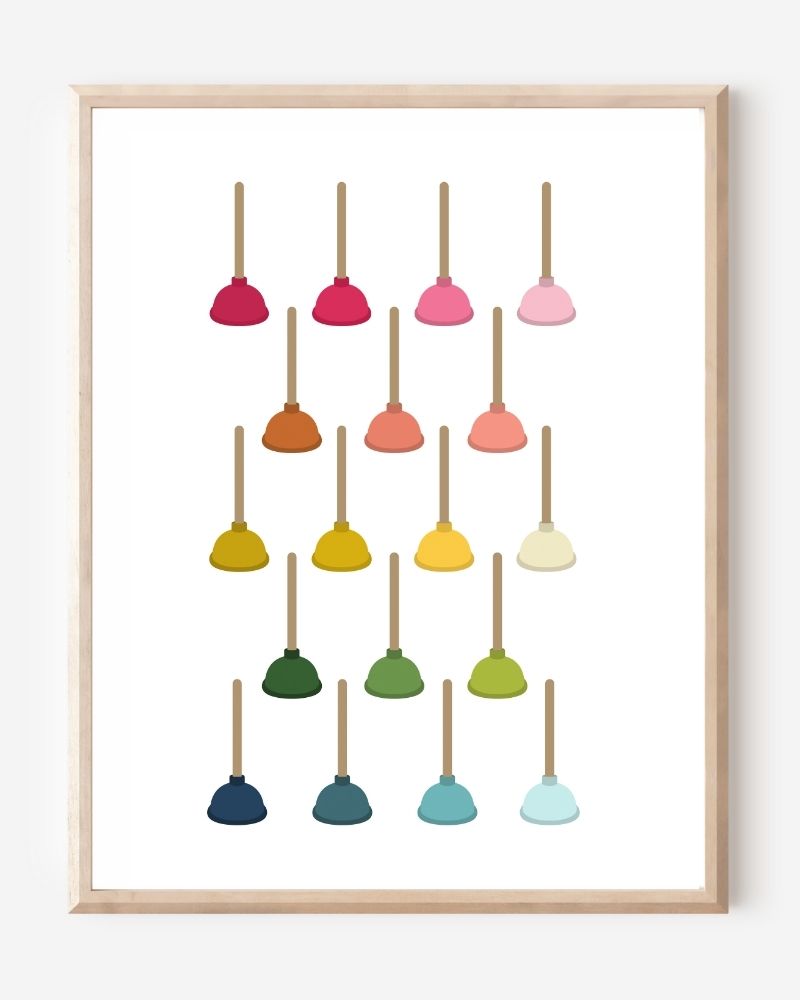 Modern bathroom art print showing colorful toilet plungers in rainbow hues arranged in a neat grid on a white background.
