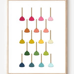 Modern bathroom art print showing colorful toilet plungers in rainbow hues arranged in a neat grid on a white background.
