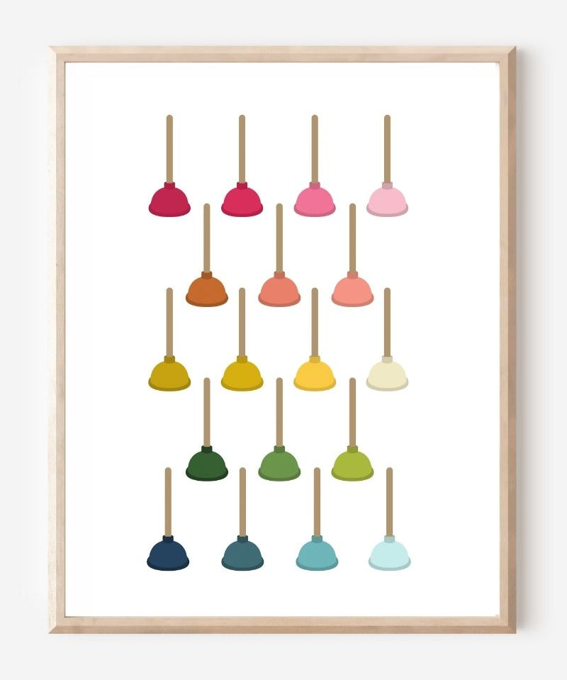 Modern bathroom art print showing colorful toilet plungers in rainbow hues arranged in a neat grid on a white background.