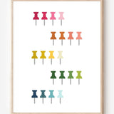 Graphic art print showing colorful push pins in rainbow colors laid out in a clean grid on a white background, playful modern wall art for studios and offices.