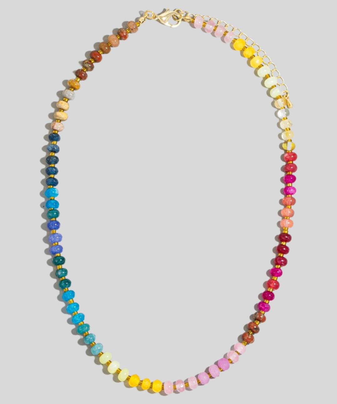 A colorful beaded necklace with a gold-plated alloy chain and clasp, featuring a variety of jewel tones.
