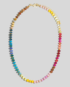 A colorful beaded necklace with a gold-plated alloy chain and clasp, featuring a variety of jewel tones.