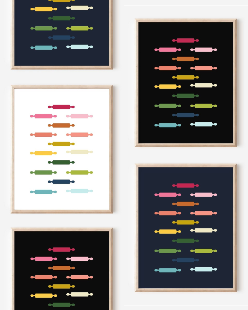 Framed art prints featuring minimalist illustrations of Rolling Pins in rainbow hues on black, navy blue and white backgrounds.