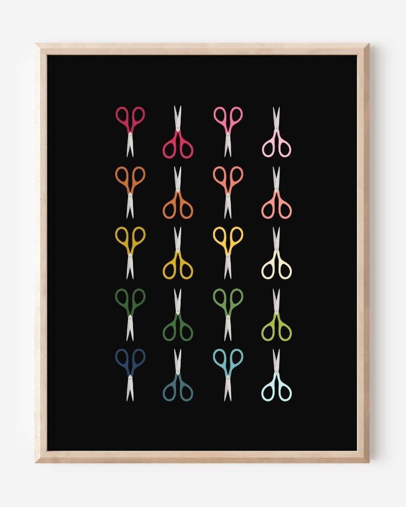 Art print of scissors in rainbow colors and arranged in a modern grid on a black background, cheerful wall art for office, craft, or creative spaces.