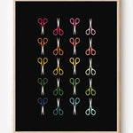 Art print of scissors in rainbow colors and arranged in a modern grid on a black background, cheerful wall art for office, craft, or creative spaces.