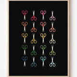 Art print of scissors in rainbow colors and arranged in a modern grid on a black background, cheerful wall art for office, craft, or creative spaces.