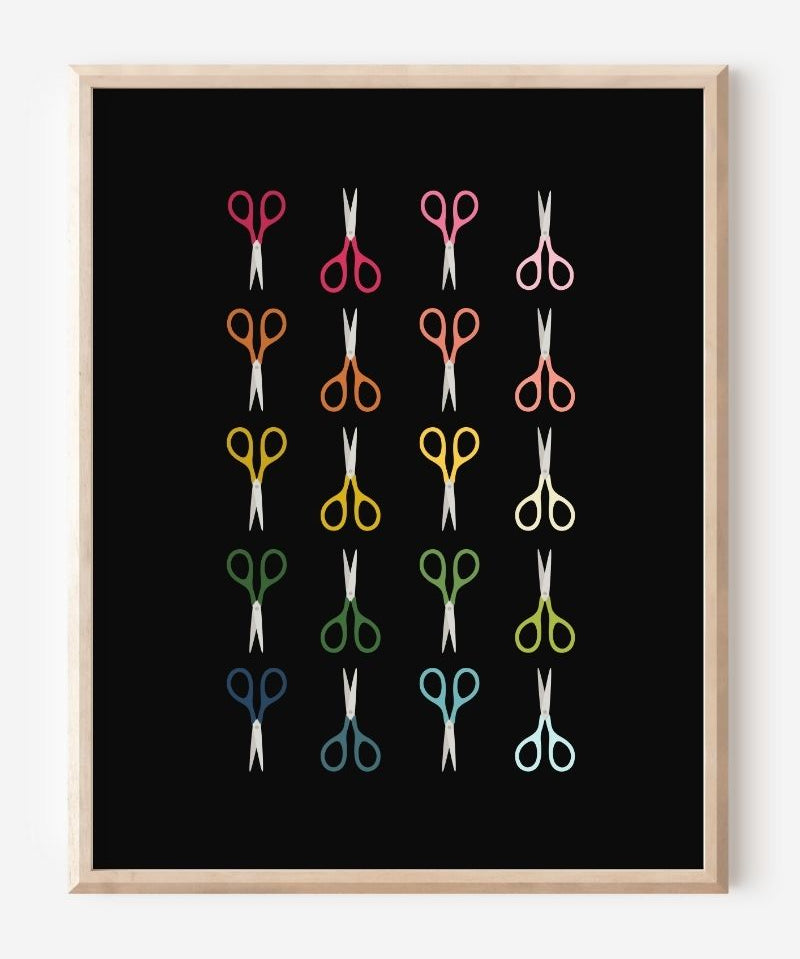 Art print of scissors in rainbow colors and arranged in a modern grid on a black background, cheerful wall art for office, craft, or creative spaces.