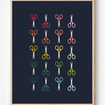 Art print of scissors in rainbow colors and arranged in a modern grid on a navy background, cheerful wall art for office, craft, or creative spaces.