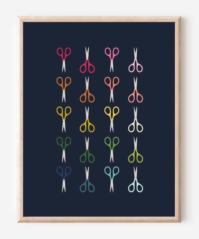 Art print of scissors in rainbow colors and arranged in a modern grid on a navy background, cheerful wall art for office, craft, or creative spaces.