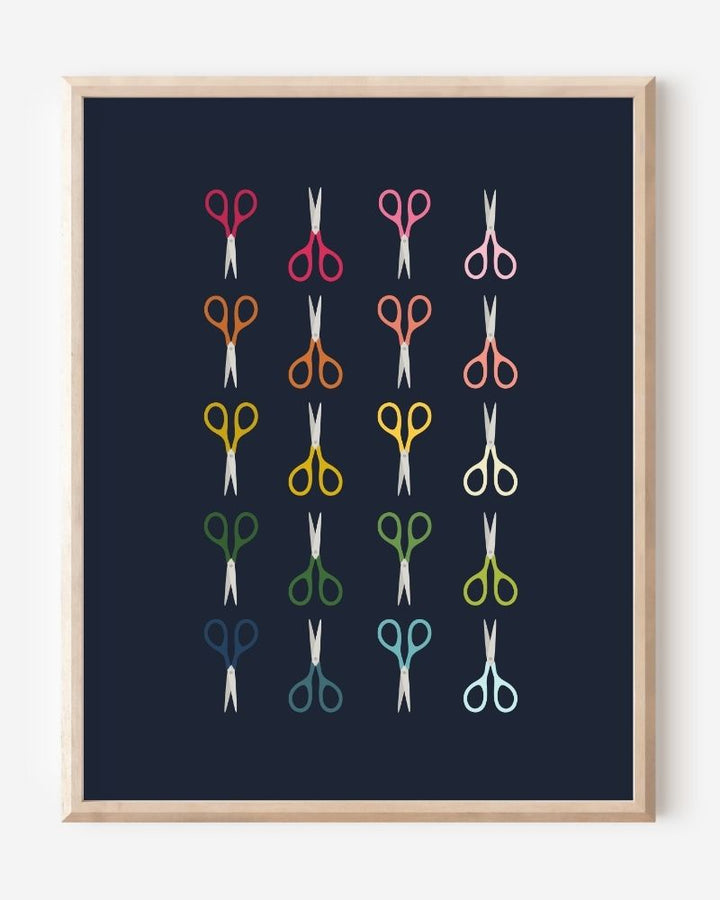 Art print of scissors in rainbow colors and arranged in a modern grid on a navy background, cheerful wall art for office, craft, or creative spaces.
