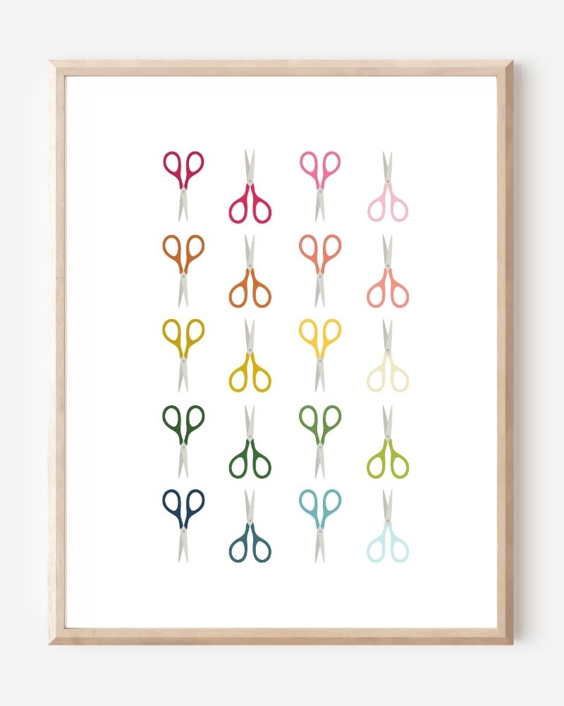 Art print of scissors in rainbow colors and arranged in a modern grid on a white background, cheerful wall art for office, craft, or creative spaces.