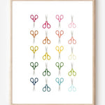 Art print of scissors in rainbow colors and arranged in a modern grid on a white background, cheerful wall art for office, craft, or creative spaces.