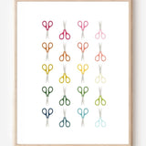Art print of scissors in rainbow colors and arranged in a modern grid on a white background, cheerful wall art for office, craft, or creative spaces.