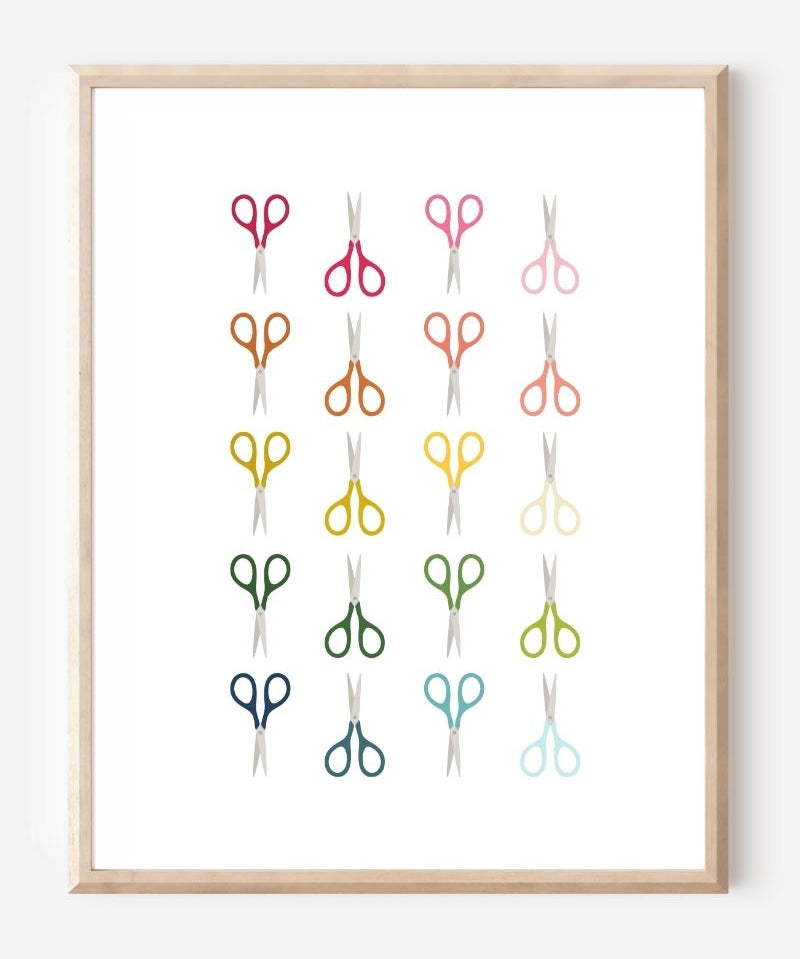 Art print of scissors in rainbow colors and arranged in a modern grid on a white background, cheerful wall art for office, craft, or creative spaces.