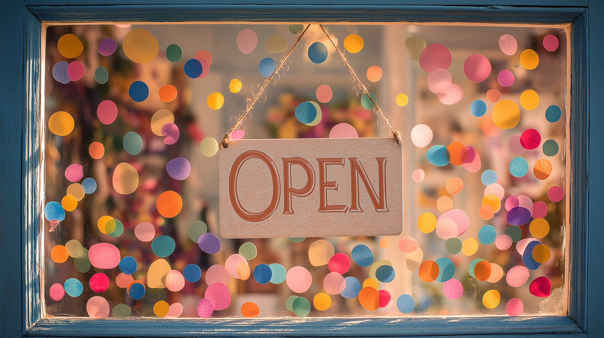 photo of retail show window with open sign and large confetti dots on the glass