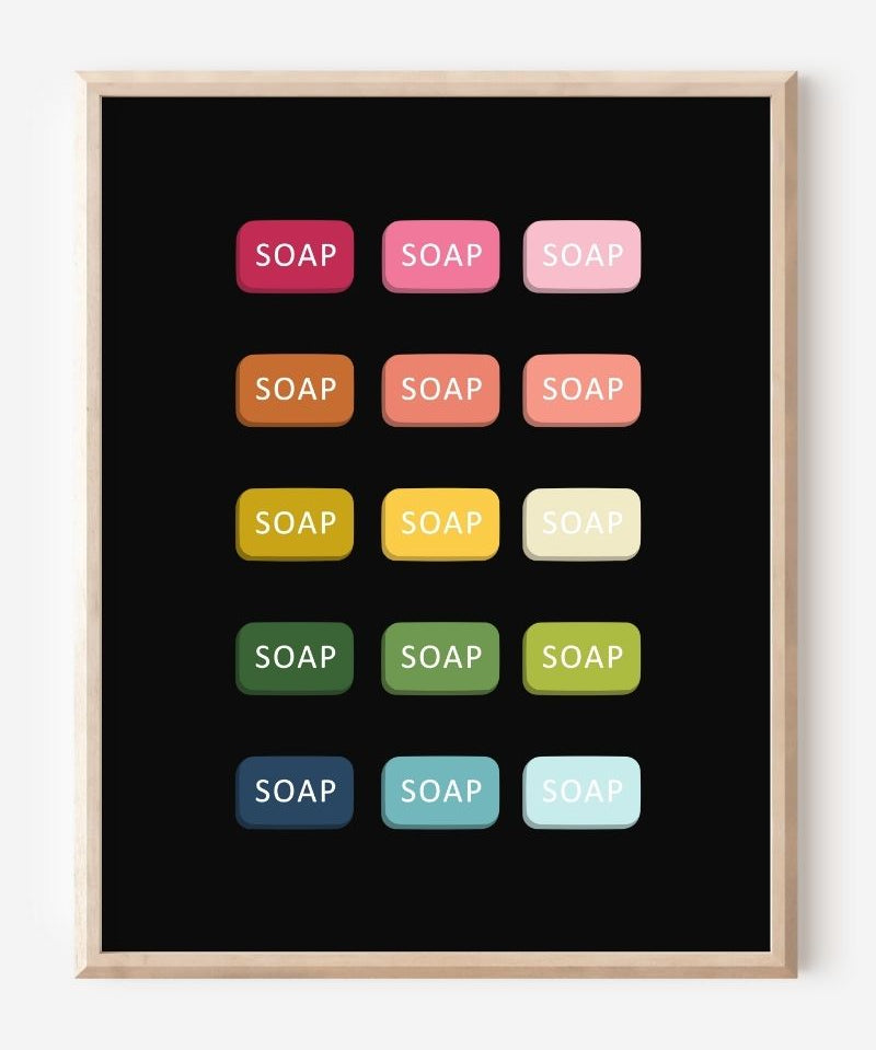 Graphic art print of bars of soap in rainbow hues arranged in neat rows on black background.