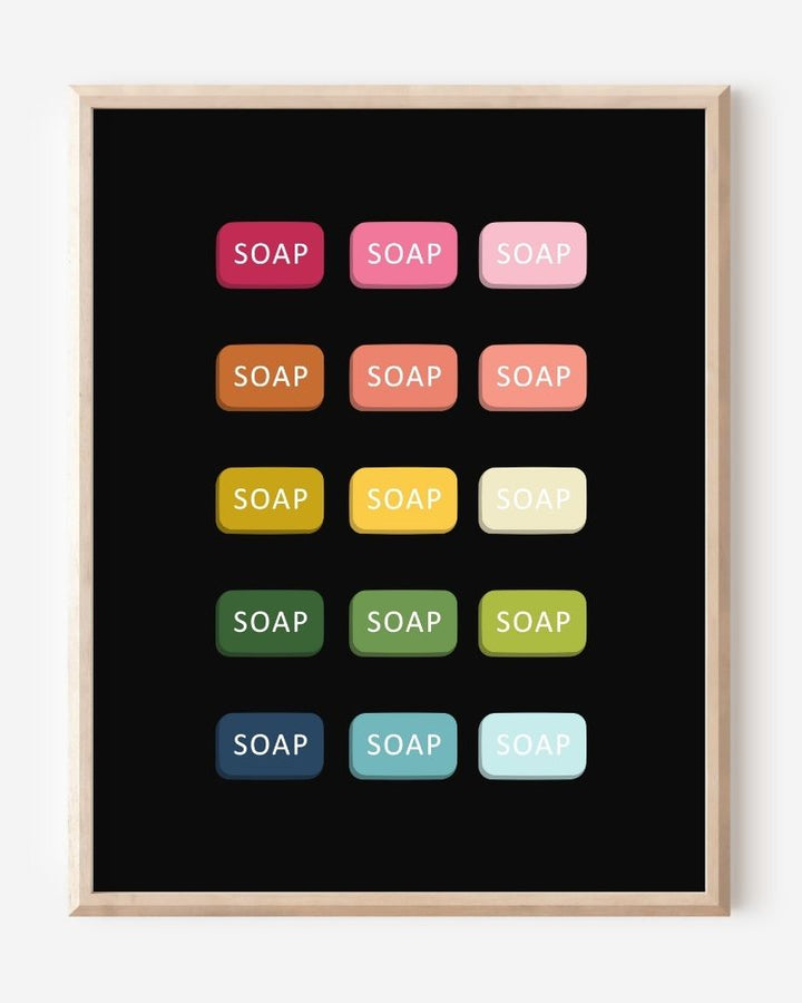 Graphic art print of bars of soap in rainbow hues arranged in neat rows on black background.